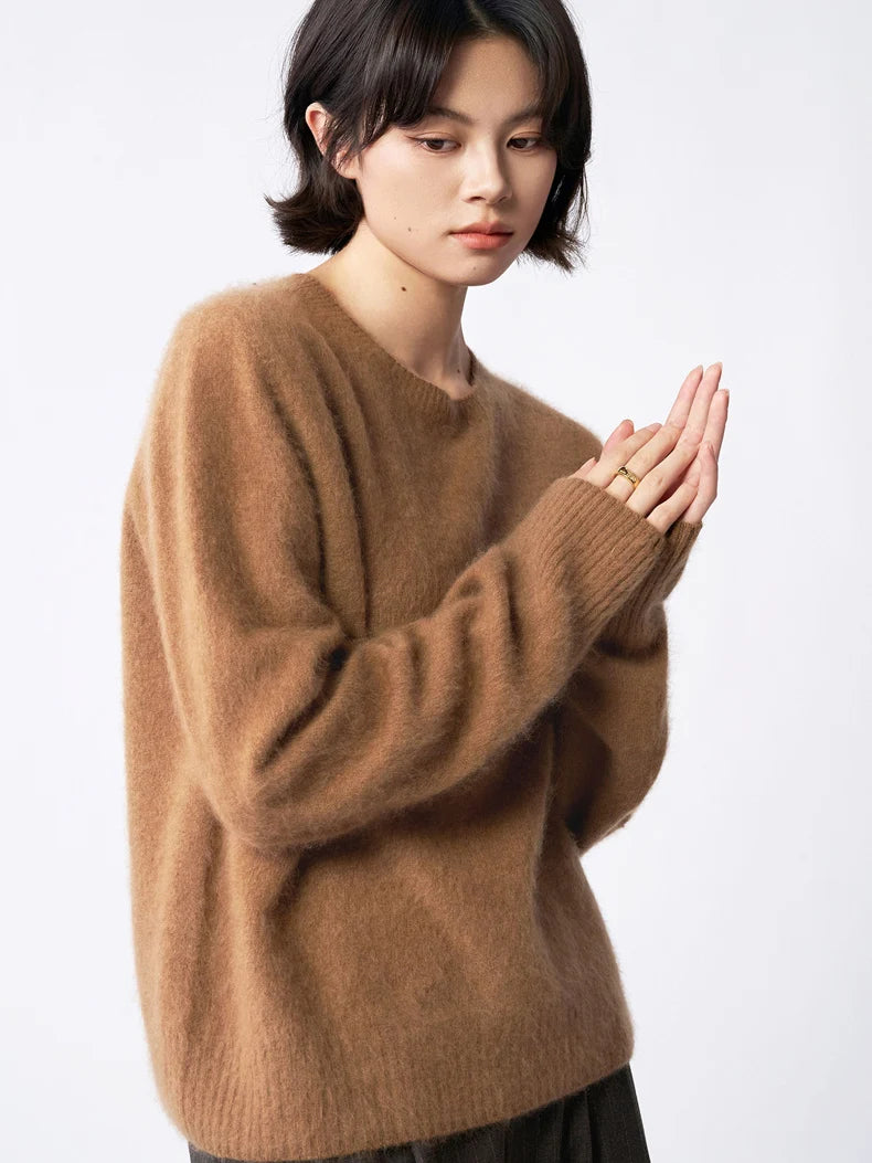 SuyaDream, Women Fleece Pullovers, V Neck, 3.8%Cashmere 96.2%Wool, Chic Warm Sweaters, 2025 Fall Winter Solid Top, Camel, Olive