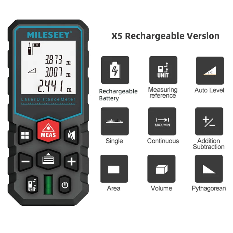 Mileseey Laser Distance Meter X5 Rechargeable Laser Digital Tape Rangefinder Trena Metro Laser Range Finder  Measuring Tape