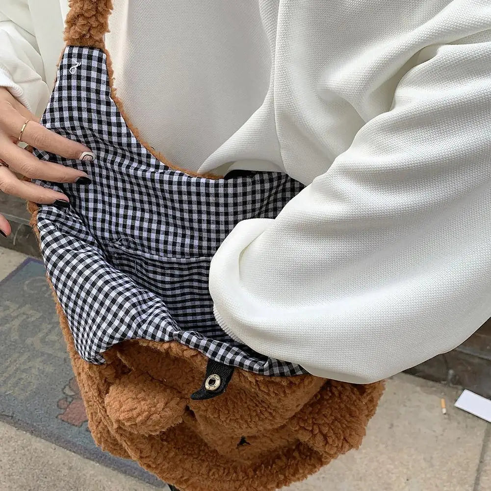 School Bag Cartoon Embroidery New Winter Soft Plush Tote Bag Shopper Bag Shoulder Bag For Women Cute N8Y7