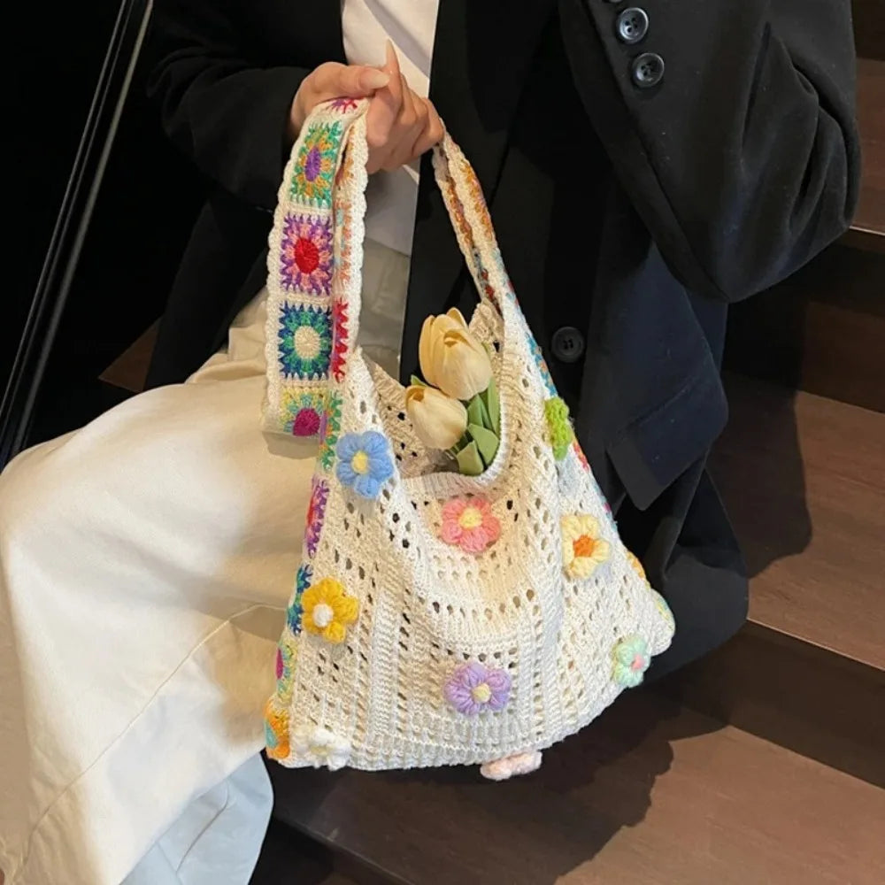 Fashion Large Capacity Women Shoulder Bag Floral Crochet Vintage Handbag Boho Hollow Out Knitted Crossbody Bags