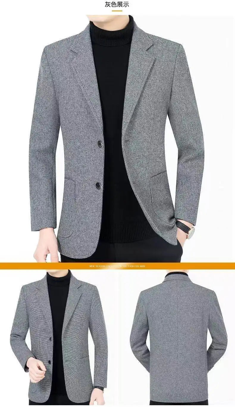 Men's woolen suit spring and autumn jacket is fashionable, cool and versatile. It is a solid-color checkered flat lapel short to