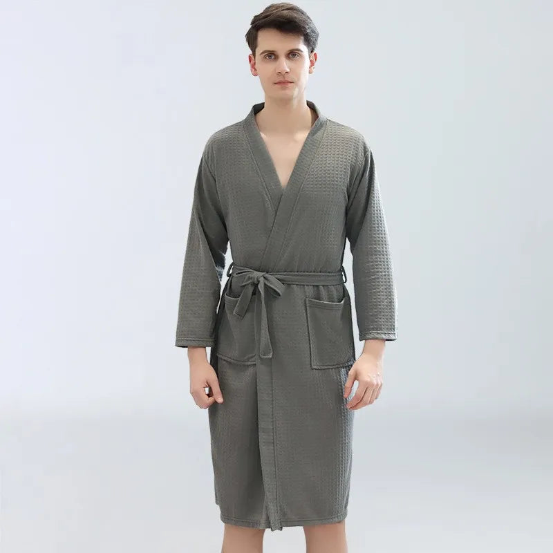 Men's Waffle Robe Long-Sleeve Solid Color Sauna Suit Soft And Breathable Bathrobe Ideal for Home Or Relaxation Cozy Loungewear