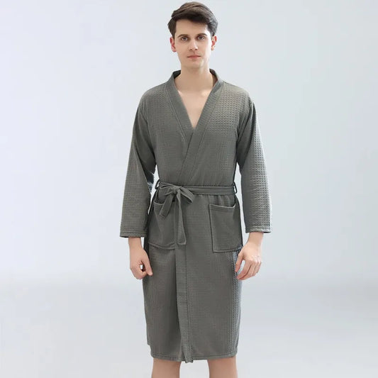 Men's Waffle Robe Long-Sleeve Solid Color Sauna Suit Soft And Breathable Bathrobe Ideal for Home Or Relaxation Cozy Loungewear