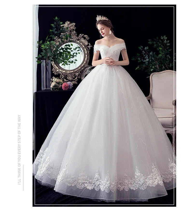 Shiny Wedding Gowns Sweet Boat Neck Wedding Party Ball Gown Off Shoulder Wedding Dresses Customized For Women
