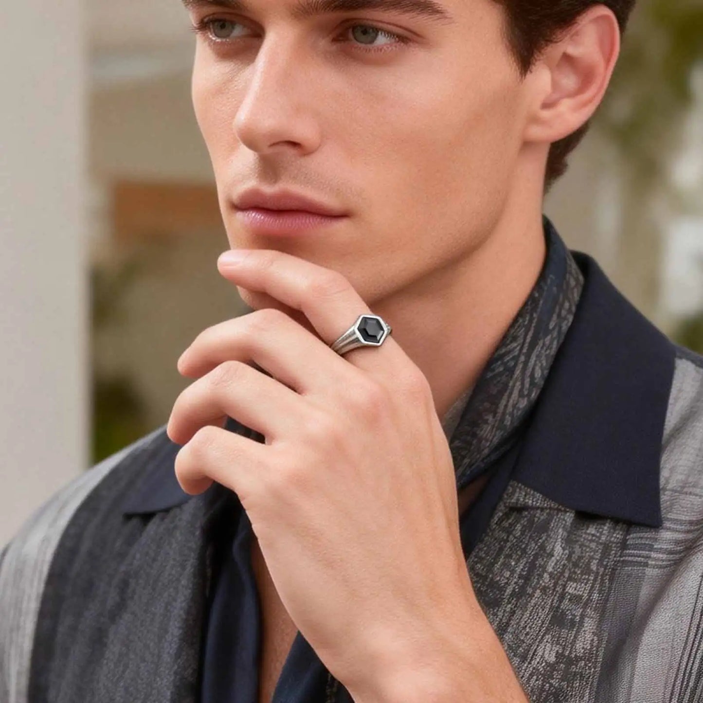 Hexagon Black Zircon Ring for Men, Stainless Steel Antique Silver Color Geometric Band,Punk Statement Jewelry Gift