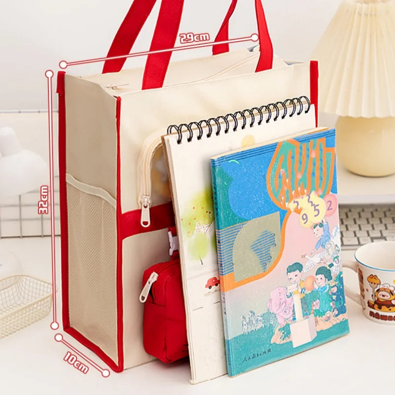 Sanrio Characters Library Tote Bags School Bag Large Capacity Students Canvas Storage File Bag Tutoring Handbag