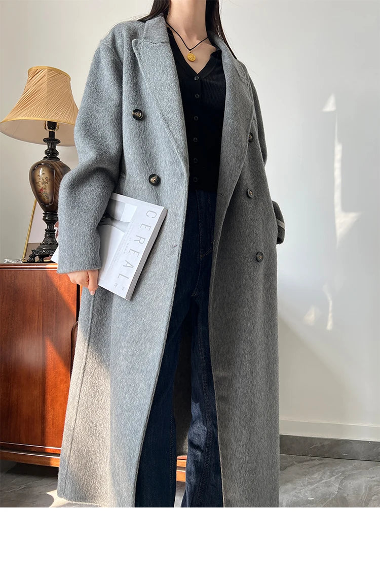 Office Lady Woolen Jackets 2024 Autumn And Winter Suit Collar Double Breasted Warmer Yak Hair Loose Long Women's Wool Coats