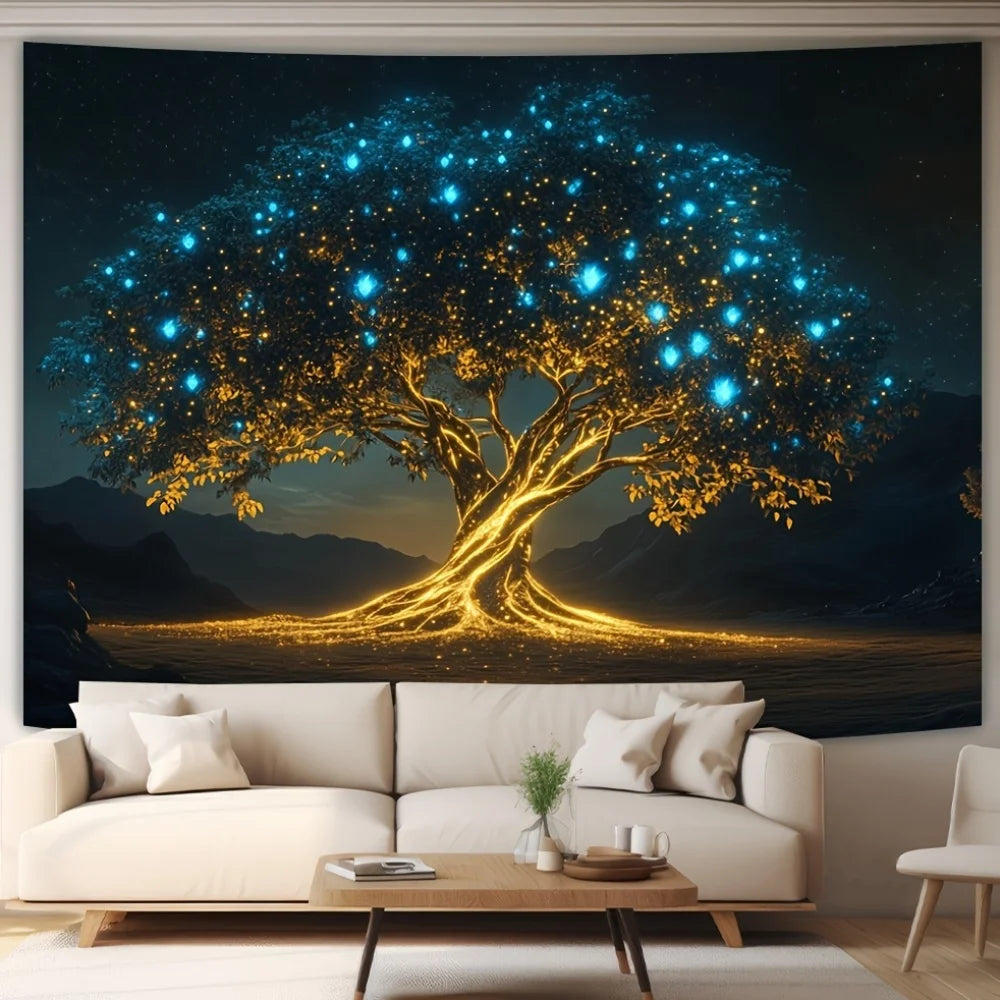 VIKAMA Enchanted Glowing Tree Tapestry Golden Trunk Living Room Sofa Backdrop Wall Decor Ins-Style Room Accent