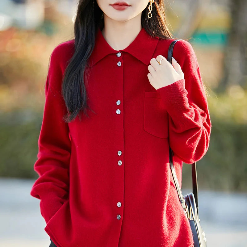 POLO Collar Wool Sweater 100 Pure Wool Spring And Autumn New Knitted Women Loose And Slimming Cardigan ZA682