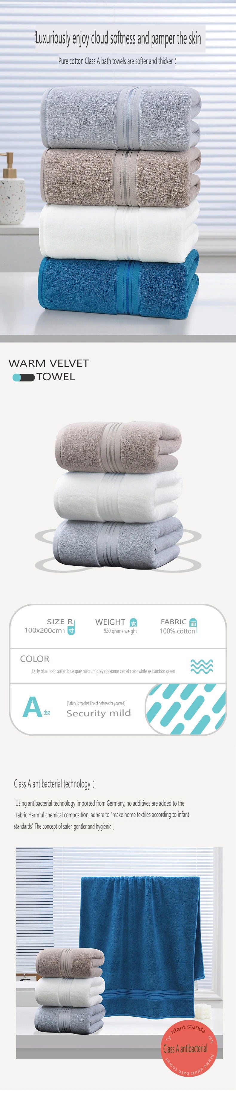 100x200cm Cotton Large Size Bath Towel for Adults High absorbent Shower Towels Home Bathroom Hotel Spa and beauty salon towels