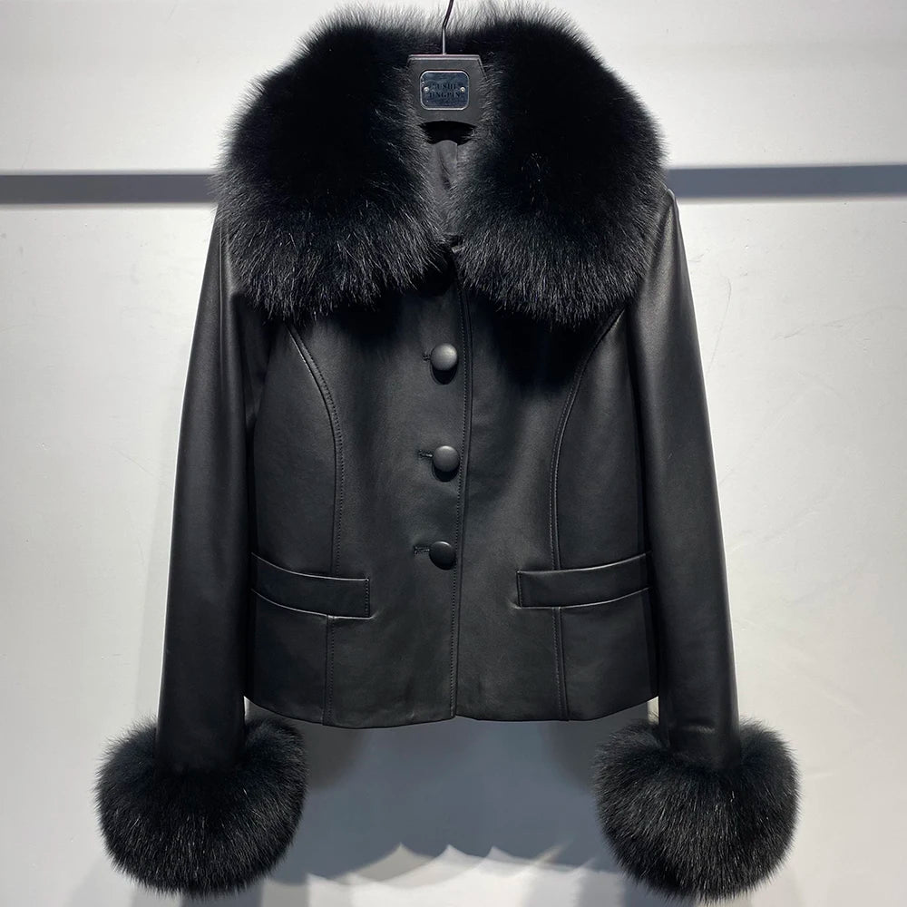YOLOAgain Women's Mongolia Sheep Fur Collar Real Leather Jacket Single Breasted