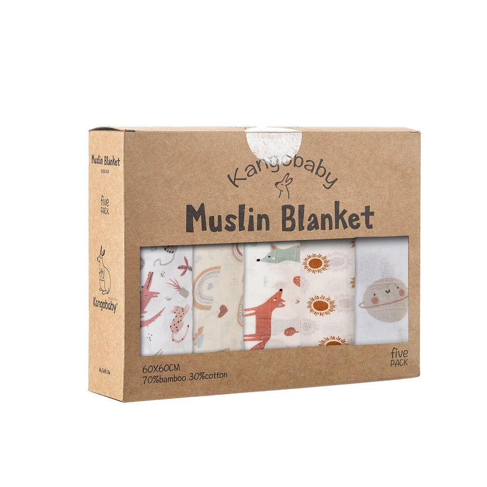 Kangobaby #My Soft Life# 5 Pieces Pack Multi-Functional Bamboo Cotton Muslin Blanket Baby Burp Cloth Set