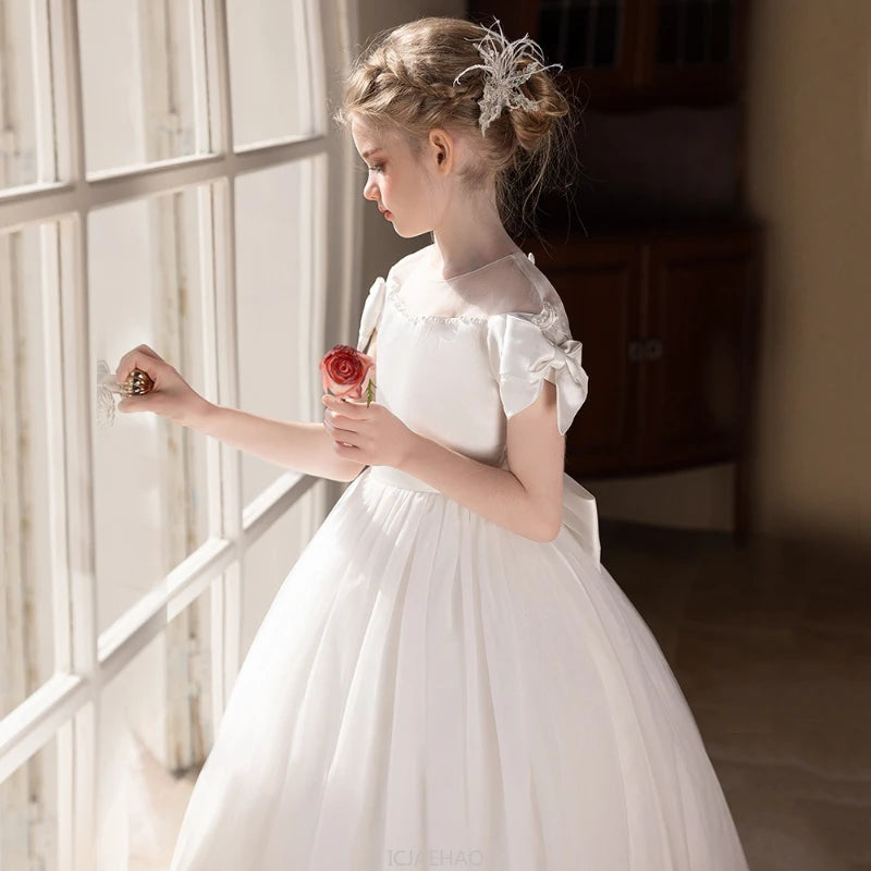 Wed Dress 2025 White Teen Girls Wedding Dress Tulle Ball Gown Big Bow Bridesmaid Dresses Formal Evening Gown Party Wear Costume