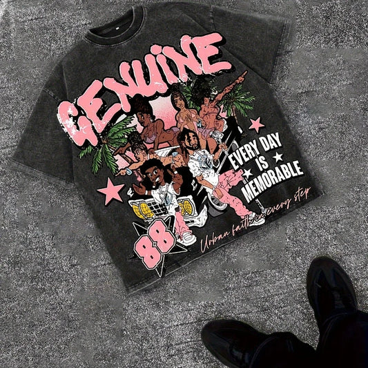 American Hip Hop Men's 100% Cotton Washed Street Style T-Shirt Summer New Retro Fashion Men's and Women's Streetwear