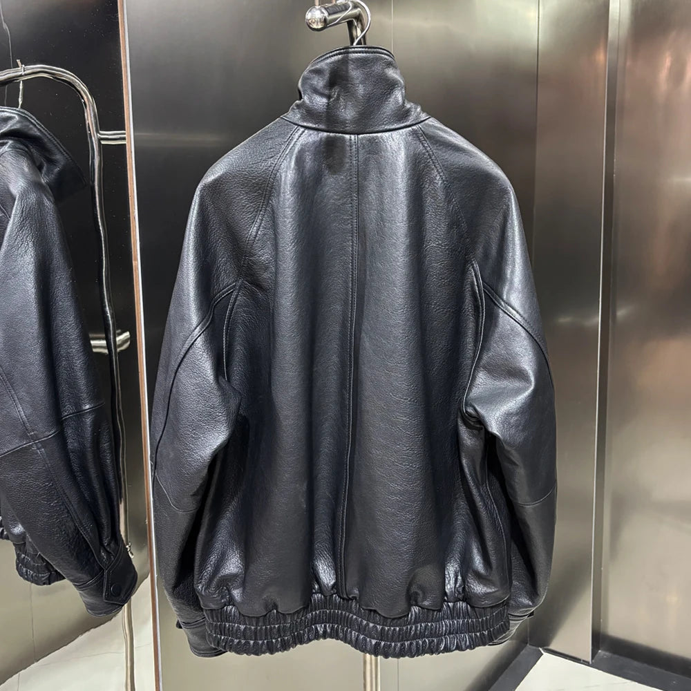 2025 Black Grained Leather Jacket Oversized Leather Coat Stand Collar Real Sheepskin Coat