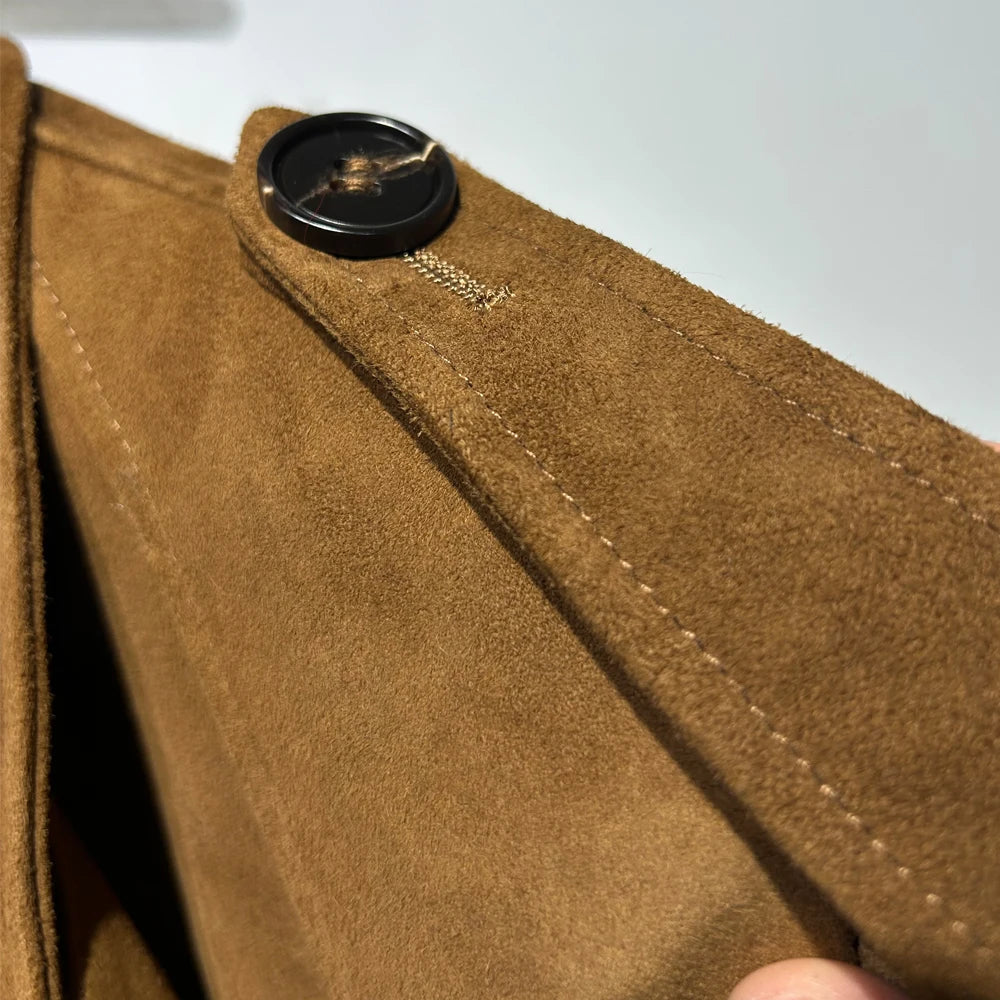 Suede Burgundy Long Coat Double Breasted Windbreak Length 150cm Women's Real Suede Coat