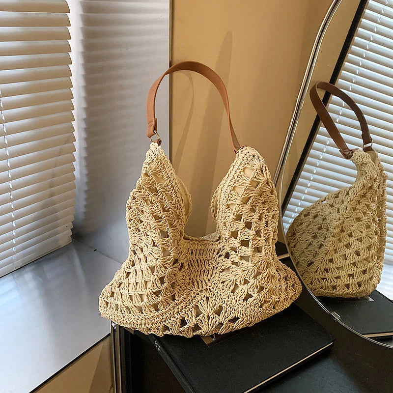 Women Weaving Clutches Top-handle Bag Large  Portable Shoulder Bag Summer Beach Purses Shopper Satchel Female Tote Bags