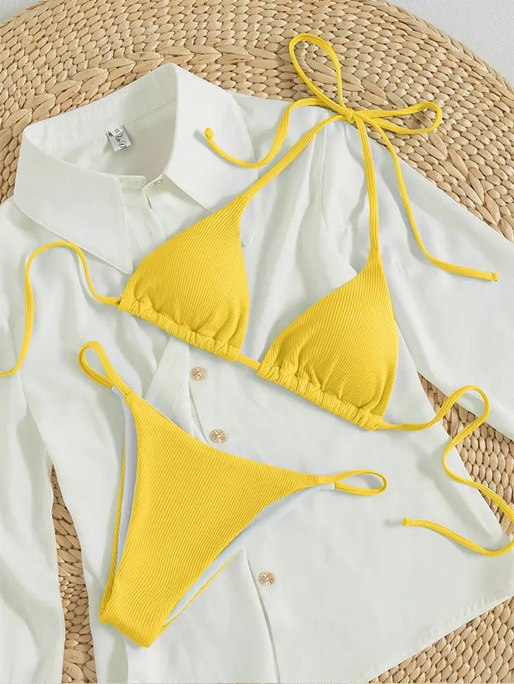 Bathing Suit Women Sexy Solid Halter Swimsuit Special Stripe Fabric Bikini Set Drawstring Lace Up Two-piece Split Beach Biquini