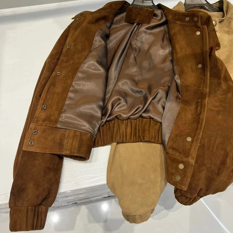2025 Imported Goat Suede Jacket For Women Retro Standing Collar Versatile Slimming Elastic Waist  Leather Coat Chaquetas Bomber