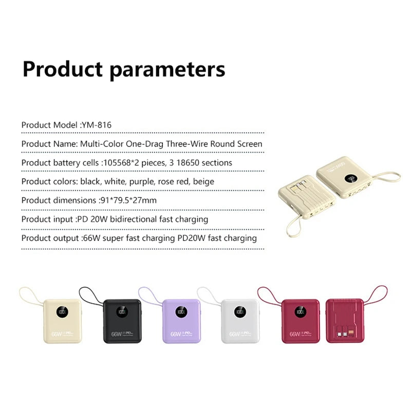 50000mAh PowerBank 66W Super Fast Charging with Cable Large Capacity Compact Portable Mini Shared Four Wire Mobile Power Bank