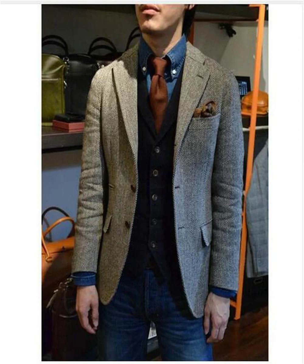 Men's Suit Brown Blazer Prom Tuxedos Herringbone Wool Tweed Single Breasted Formal Bussiness Jacket for Wedding（Only Coat）