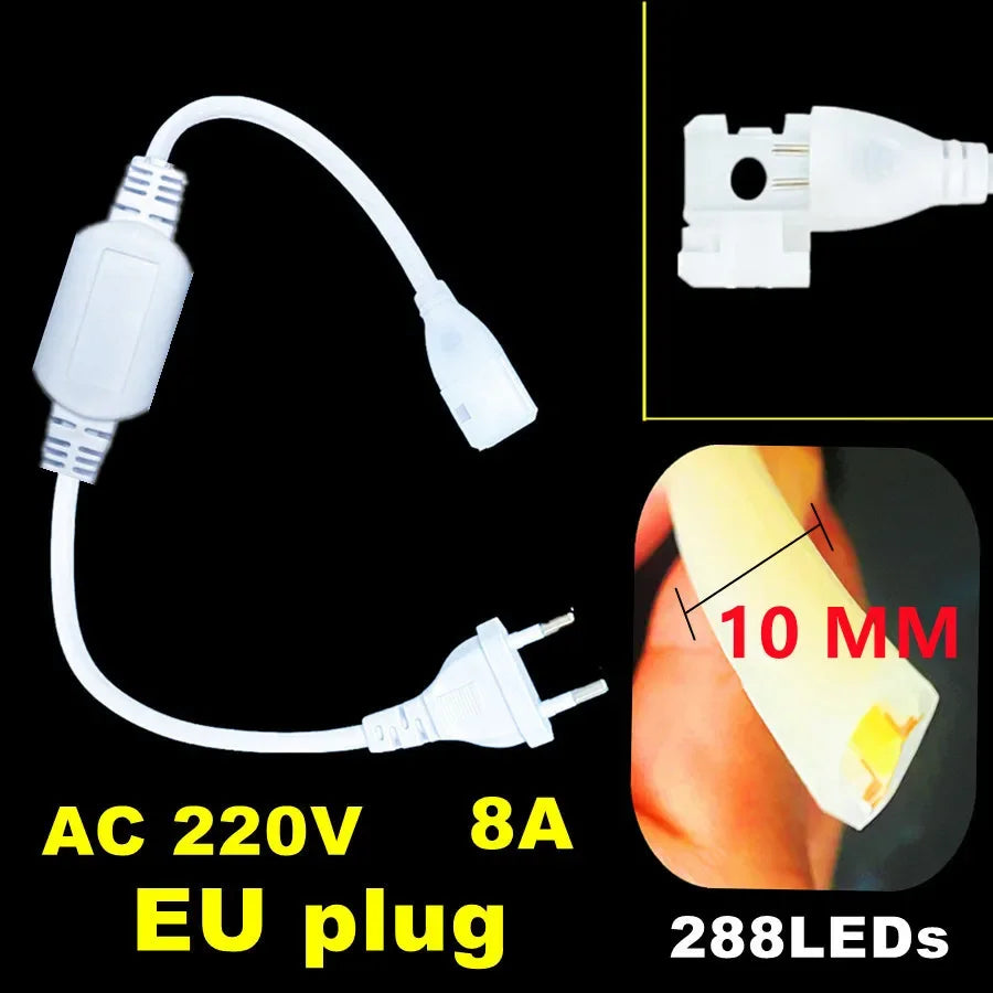 288LEDs/m COB LED Strip 220V Dimmable Power EU Plug 3000k 6000k RA90 Outdoor Garden FOB LED Tape Bedroom Kitchen Lighting