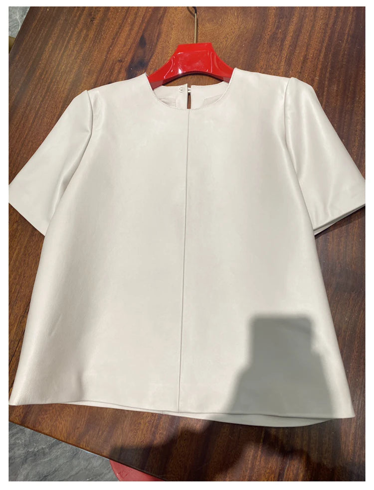 Genuine Leather Tops for Women 2025 Spring/Summer Short Straight Sleeve Round Neck Pullover Shirts & Blouses Thin Suede Blusas