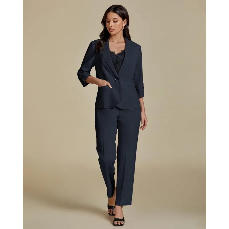 Pant Suits for Women Dressy 2 Piece Business Casual Outfits 3/4 Sleeve Blazer Straight Leg Pant Sets Office Work