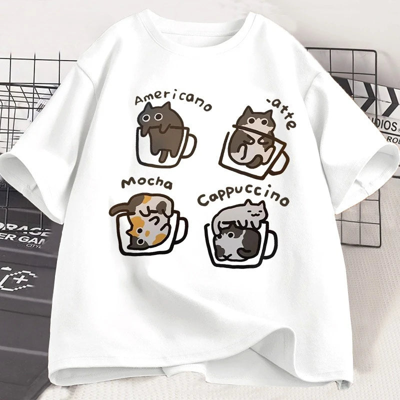 Men's Pure Cotton T-shirt From 2025, Coffee Cat, Is Comfortable, Breathable and Of High Quality. It's for Beach Travel, Parties