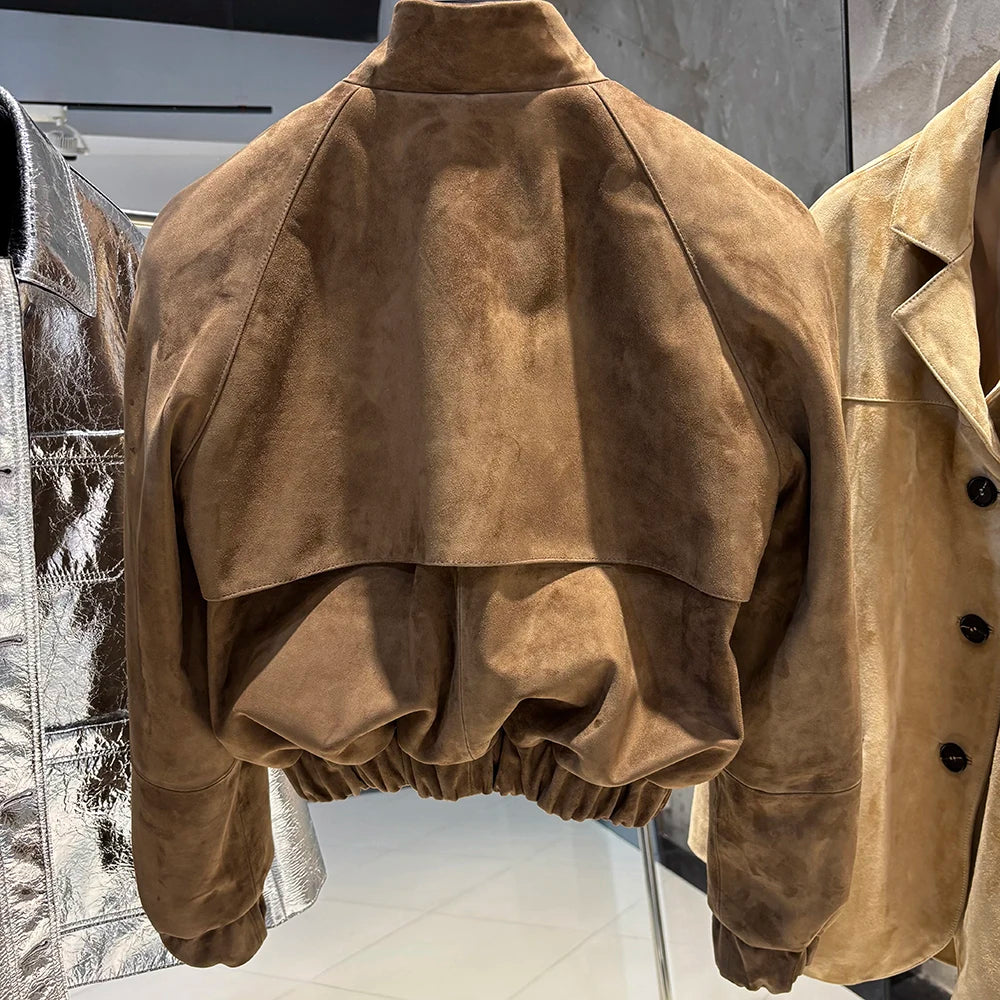 YOLOAgain Suede Leather Jacket Coat Women Real Leather Cropped Jacket Bomber Jacket 2025 Autumn