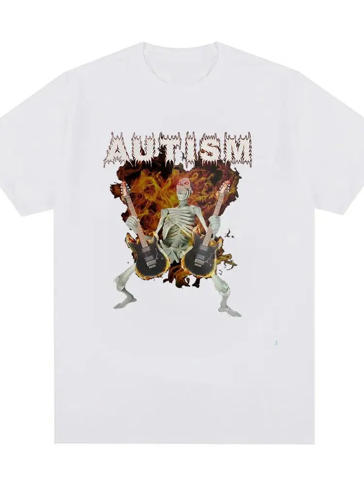 Autism Funny Skeleton meme Print Crew Neck T-shirt, Casual Loose Short Sleeve Fashion Summer T-Shirts Tops, Women's Clothing