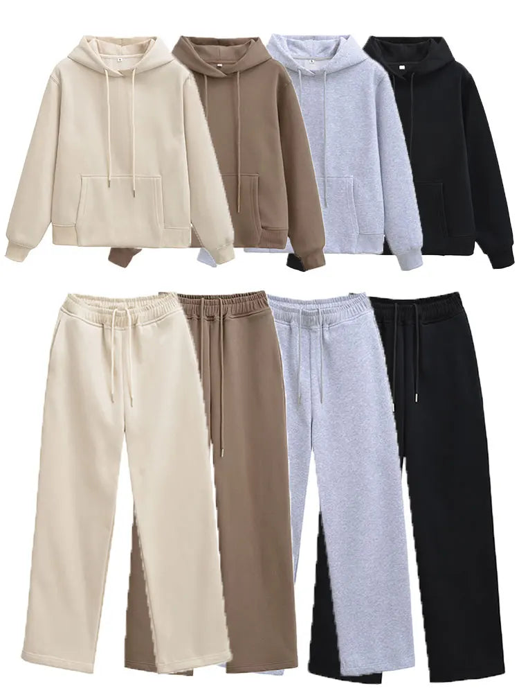 HH Women Solid Pants Suits Pullover Coats Hooded Sweatshirts Drawstring Wide Leg Trousers Autumn Casual Woman Jogging Pants Sets