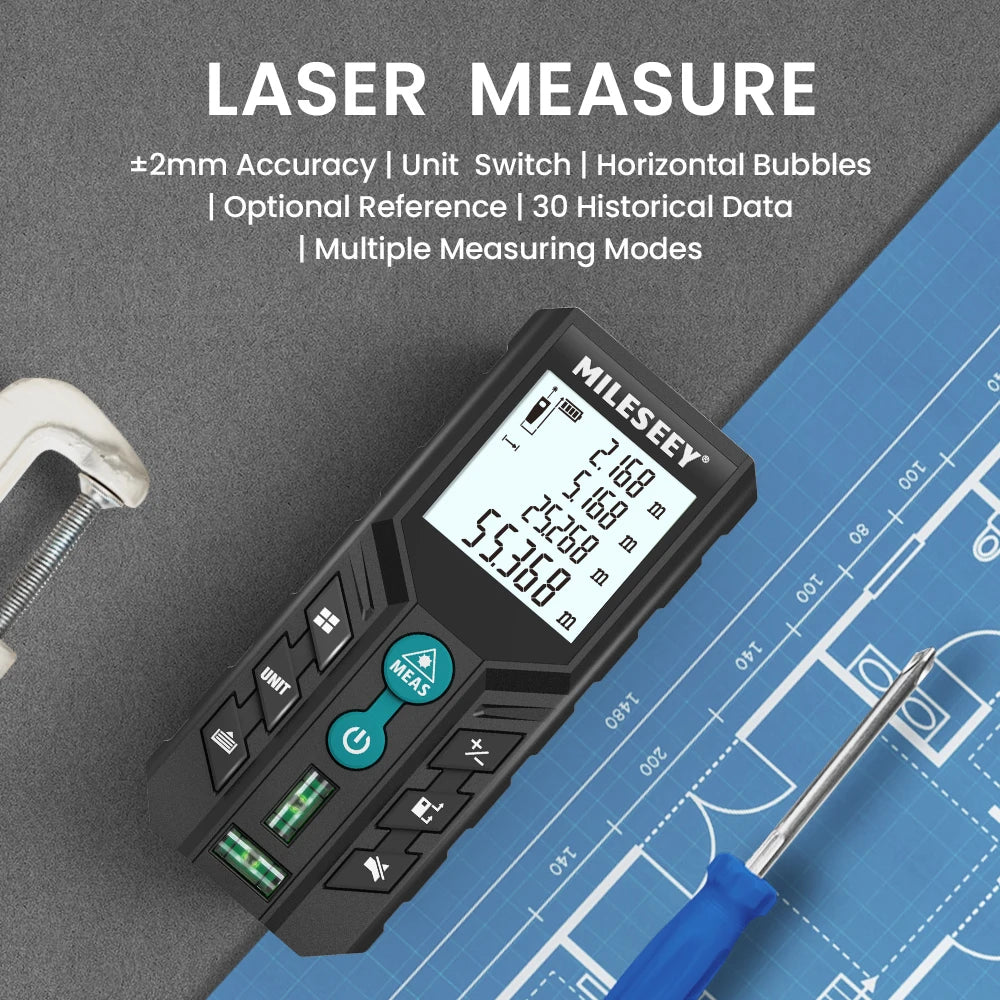 Mileseey D2 Laser Distance Meter,40m/120m Rangefinder,Rechargeable Angle Optional, Ft/M Unit, With Leveling Bubble Measure Tools