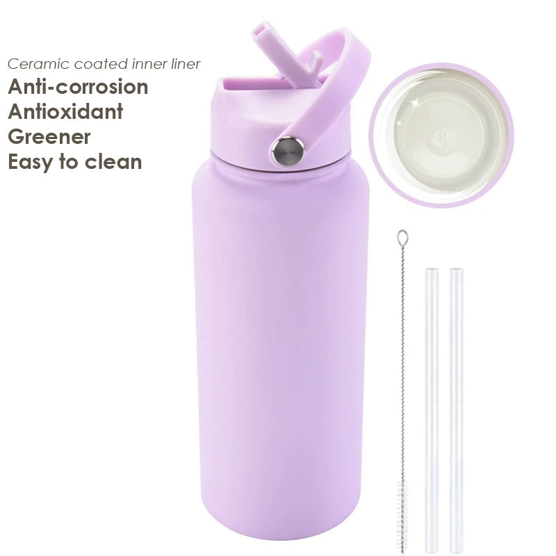 1000ML Water Bottle With Straw Lid Vacuum Insulated FlaskThermos Tumbler Ceramic Anti-Corrosion Coating Custom Gifts