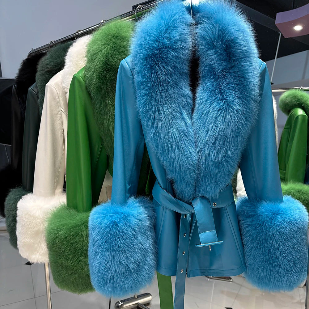 YOLOAgain Real Fox Fur Collar Genuine Leather Jacket Women