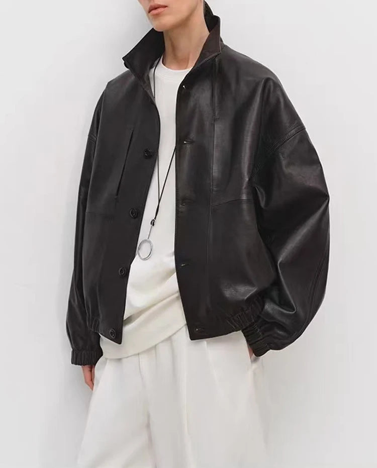 Imported Lightweight Leather Jacket for Women Modern Genuine Sheepskin Stand Up Collar Short Silhouette Coat Winter Tops Mujer