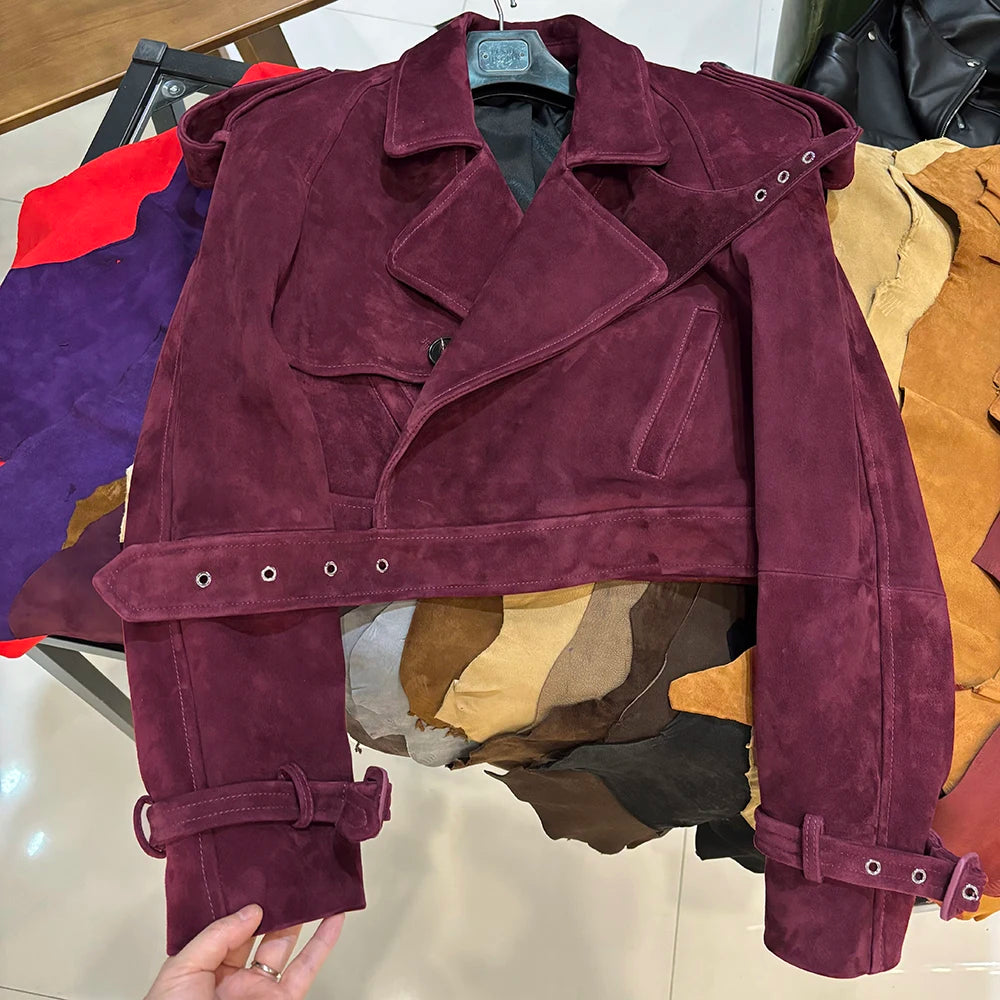 YOLOAgain Wide Shoulder Real Leather Jacket Women Oversized Genuine Leather Cropped Jacket