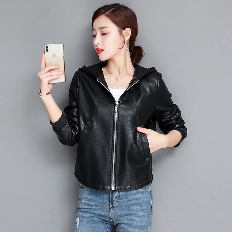 New Women Casual Leather Jacket Spring Autumn Fashion Hooded Zipper Split Leather Loose Outerwear Short Sheepskin Tops Coat