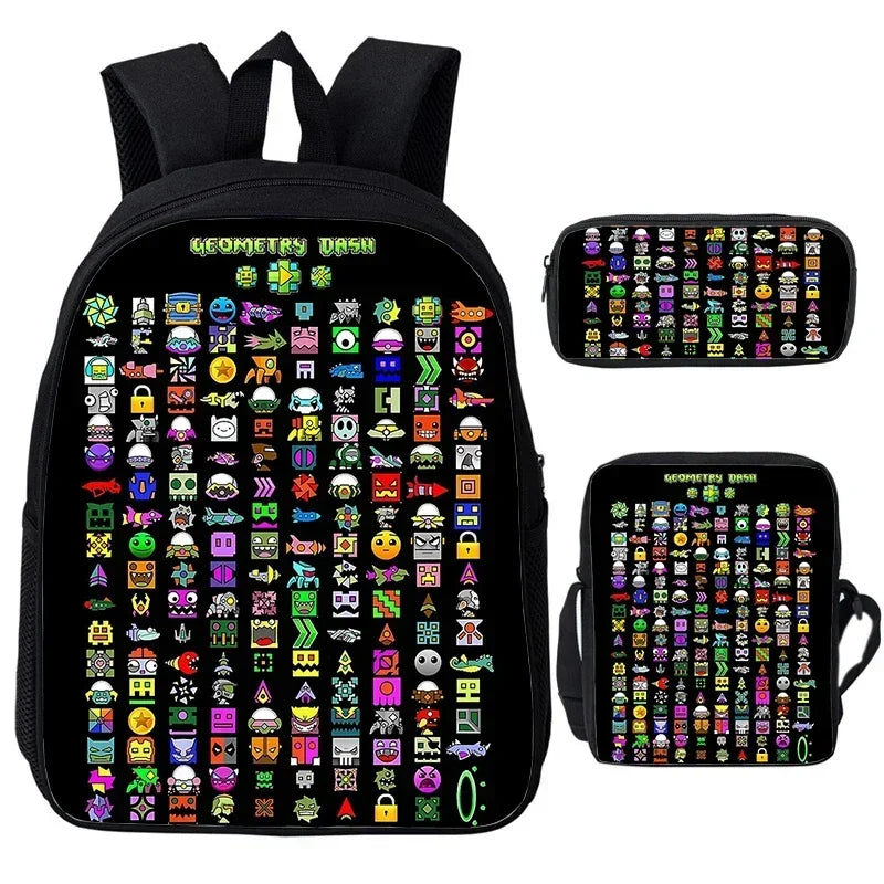Large Capacity Bookbag 3pcs Set Boys Girls School Bags Angry Geometry Dash Cartoon Print Children Backpack Back To School Gifts