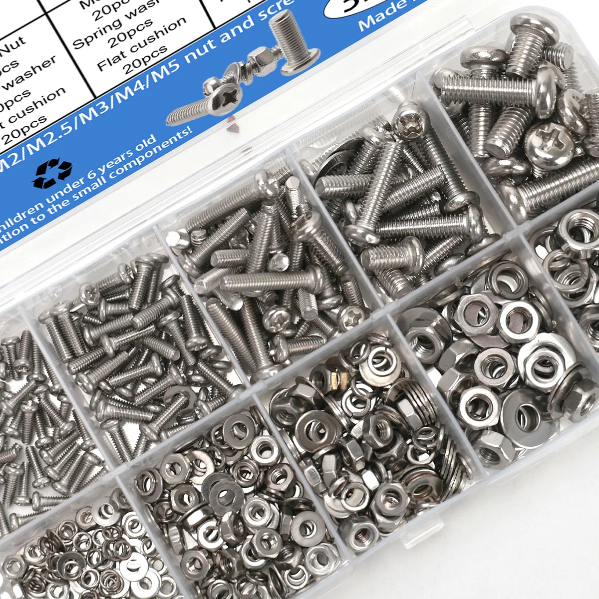 320pcs Stainless Steel Screw Nut Bolt Assortment Kit M2 M2.5 M3 M4 M5 Nuts and Bolts Assortment
