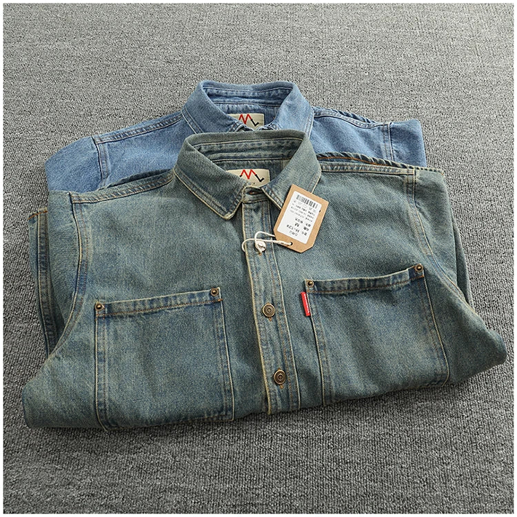 Spring Autumn New American Retro Long-Sleeve Lapel Solid Color Denim Shirt Men's Fashion 100% Cotton Washed Old Casual Blouses