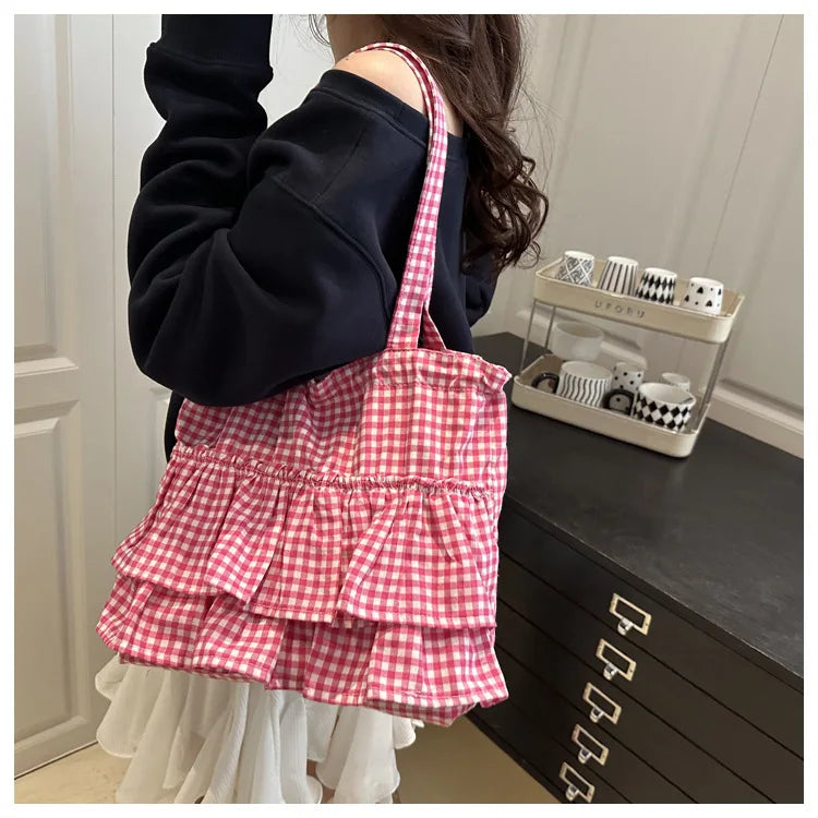 Women's Tote Bag Ruffles Plaid Drawstring Handbag Women Fashion Canvas Shoulder Bags	Large Capacity Korean Bags Bolsos De Mujer