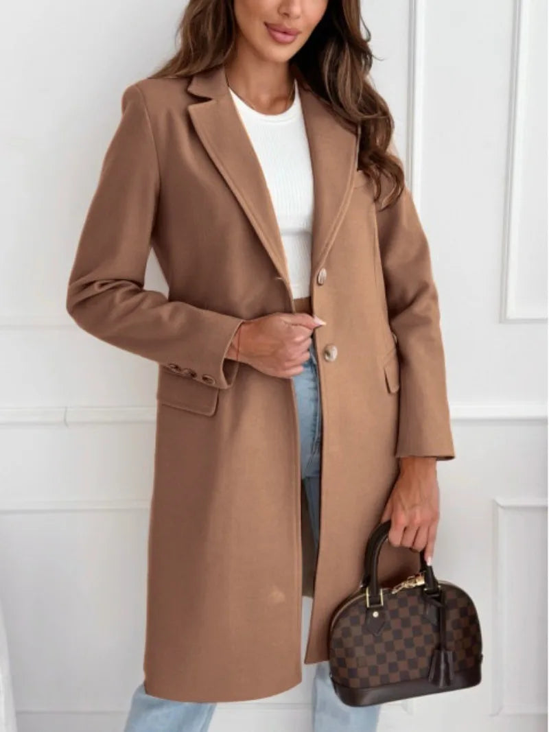Women's British Suit Collar Solid Color Woolen Coat Autumn Winter Simple Medium Long Elegant and Fashionable Warm Coat Jacket