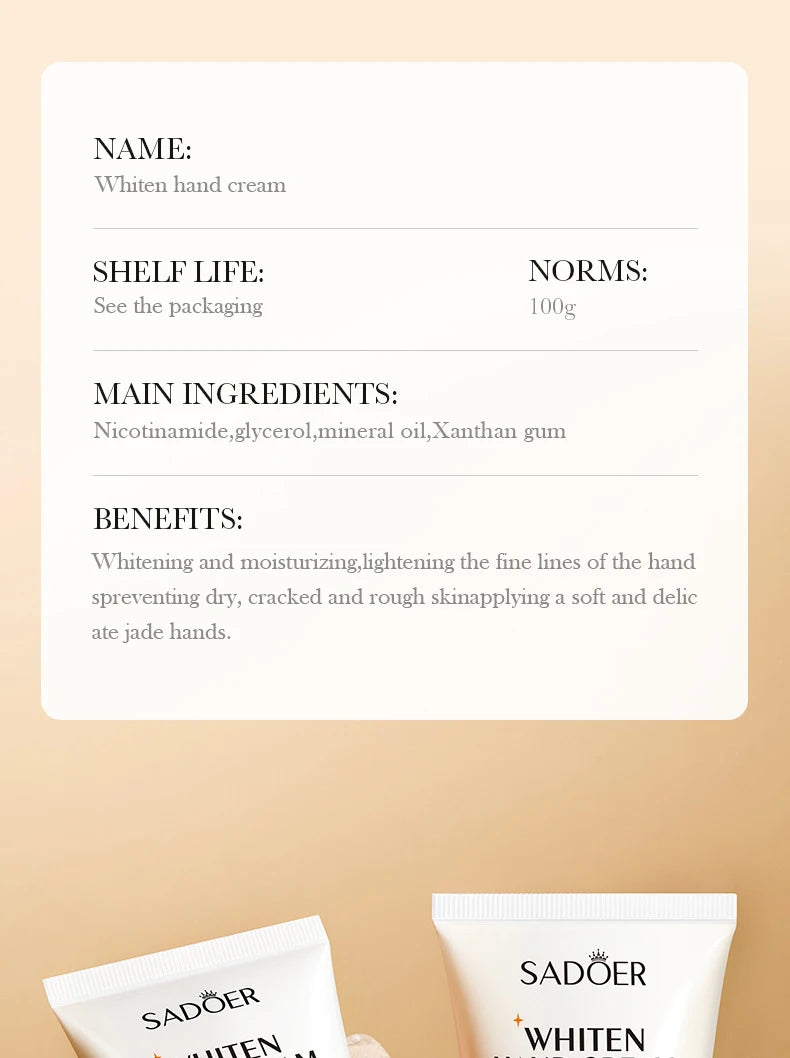 SADOER Skin Whitening Hand Cream Moisturizing Tender Nourish Non Greasy Hydrating Beauty Skin Care