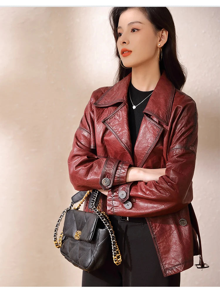 Roupas Femininas Autumn Women's Suit Collar Lace-up Waist Oil Wax Sheepskin Gabardina Mujer Vintage Red Wine Short Trench Coats