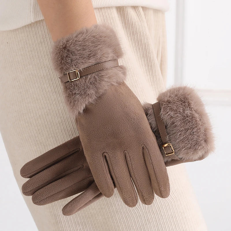 Women's Winter Gloves with Fleece Lining, Warm, Windproof, Cold-Resistant, Plush Decoration, Touchscreen Compatible, Suitable for Driving and Cycling, 1 Pair