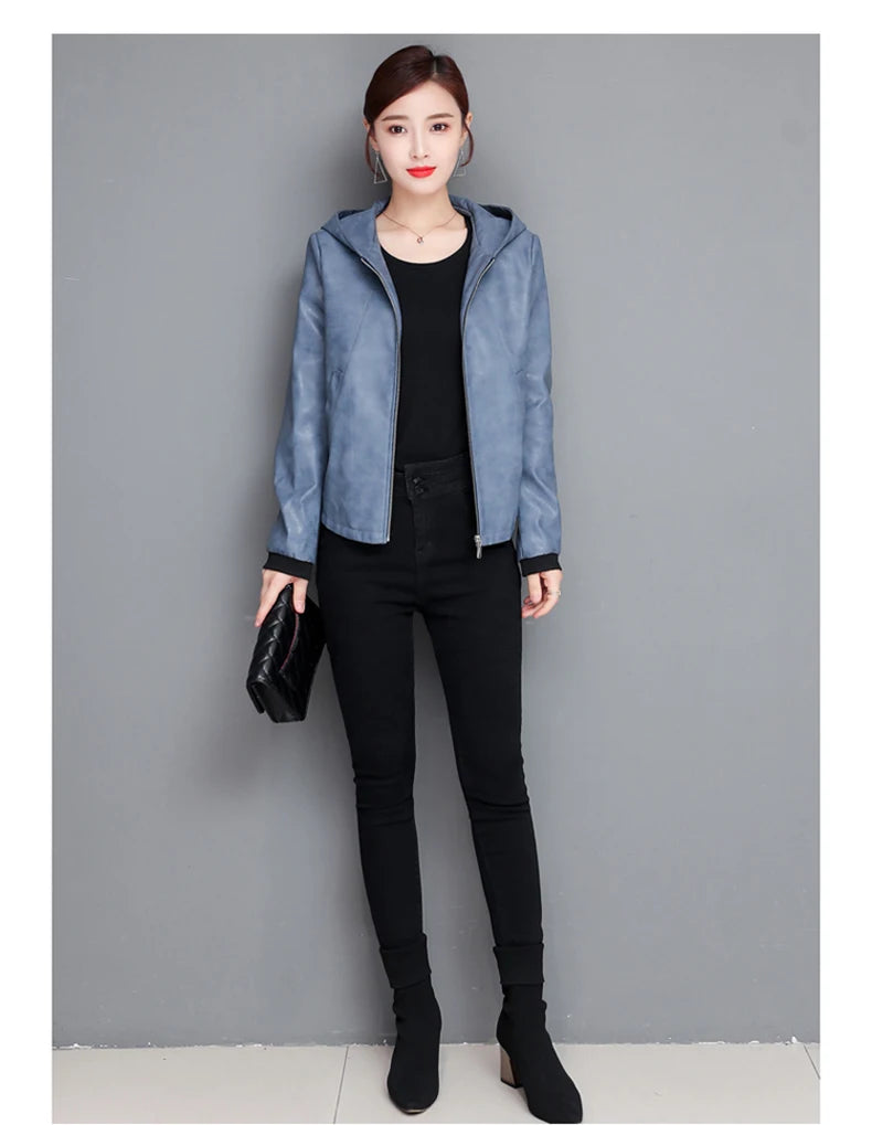 New Women Casual Leather Jacket Spring Autumn Fashion Hooded Zipper Split Leather Loose Outerwear Short Sheepskin Tops Coat