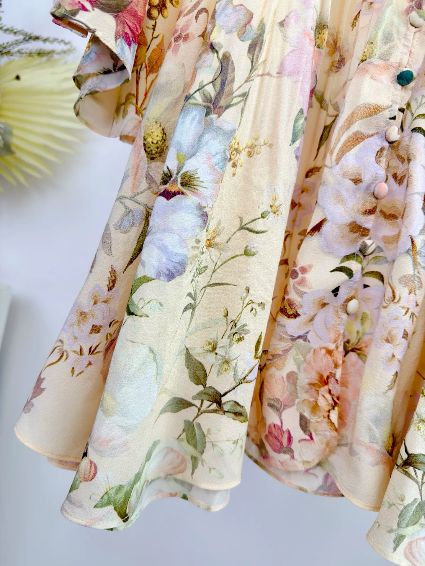 Women Silk Flower Printed Long Dress Heavy Beaded V-Neck Lantern Sleeve Loose Female dress