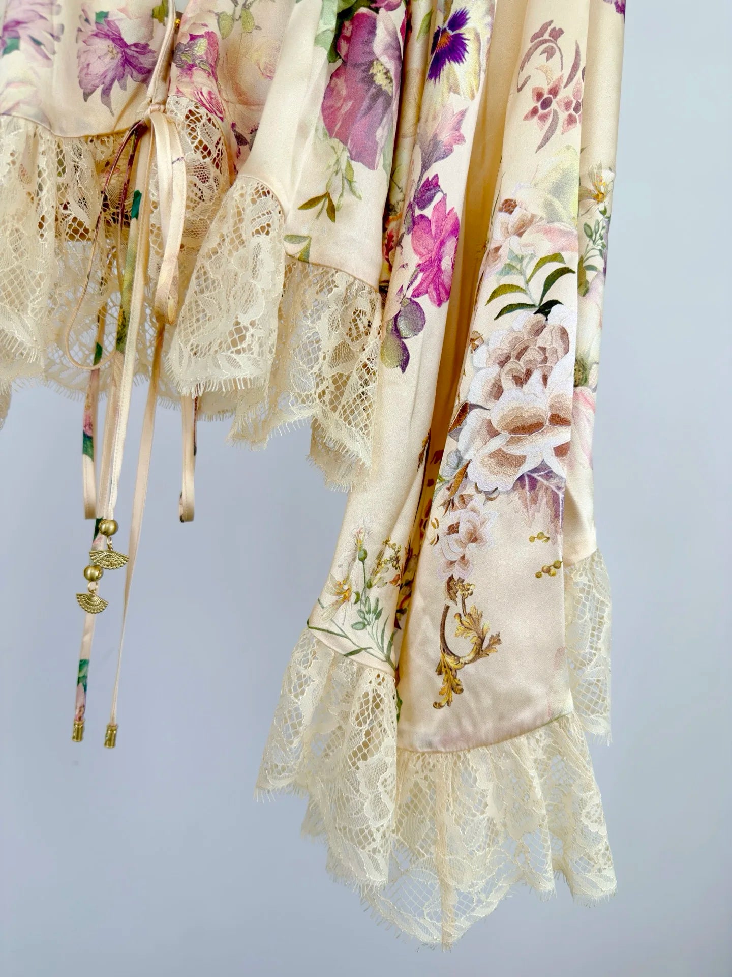 Women Silk Flower Printed Long Dress Heavy Beaded V-Neck Lantern Sleeve Loose Female dress