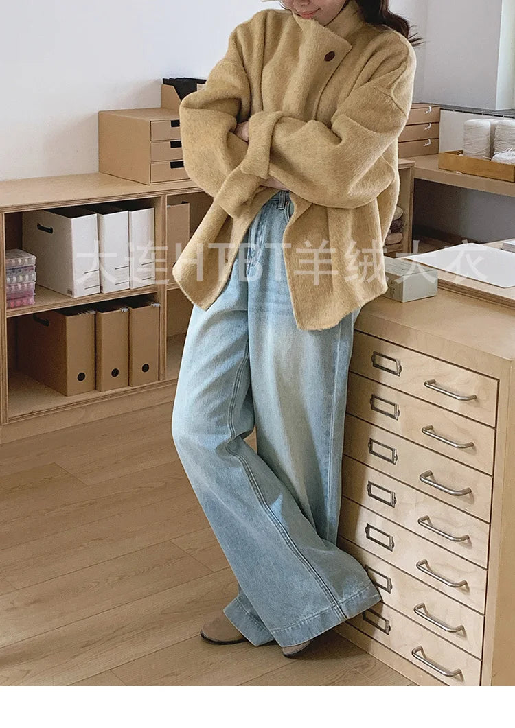 New Winter Short Woolen Coat Fashion Causal Warm Mulberry Silk Lapel Double-sided Wool Coat Loose Suit Jacket Female Tide Autumn